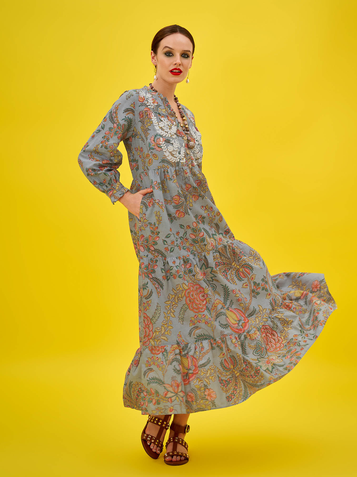 Chinatown Cotton Dress, Cotton Dress, Chinoiserie/Silvermist (Gry Multi