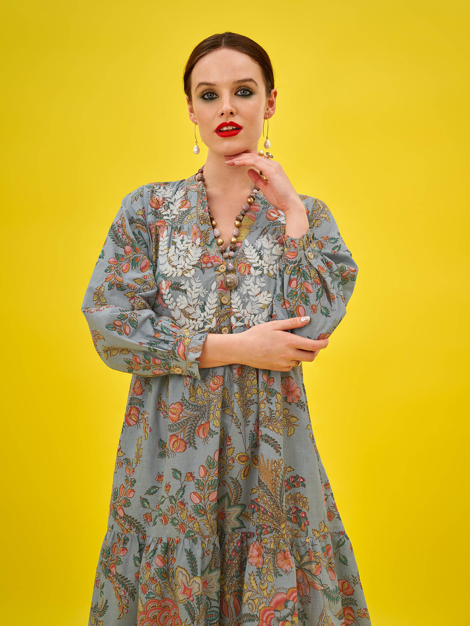 Chinatown Cotton Dress, Cotton Dress, Chinoiserie/Silvermist (Gry Multi