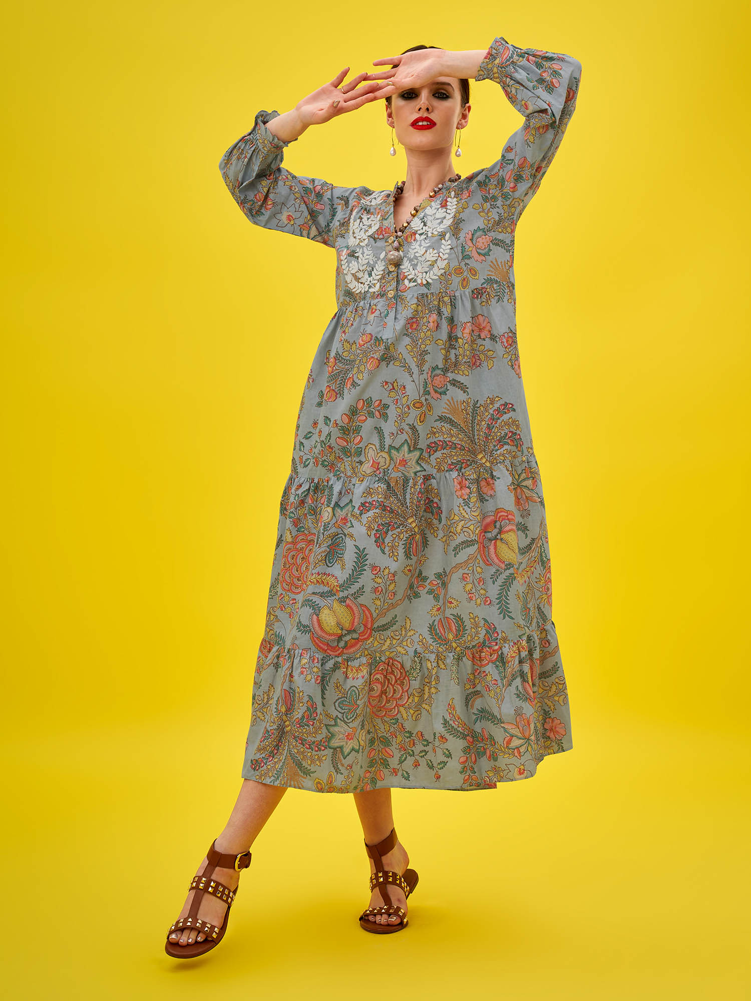 Chinatown Cotton Dress, Cotton Dress, Chinoiserie/Silvermist (Gry Multi