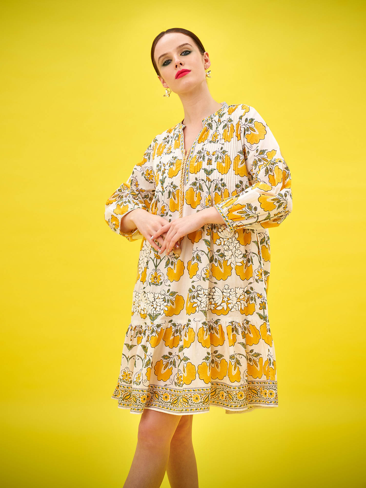KHWABNAMA COTTON HAND BLOCK PRINT DRESS, Cotton Dress, Golden Flowers