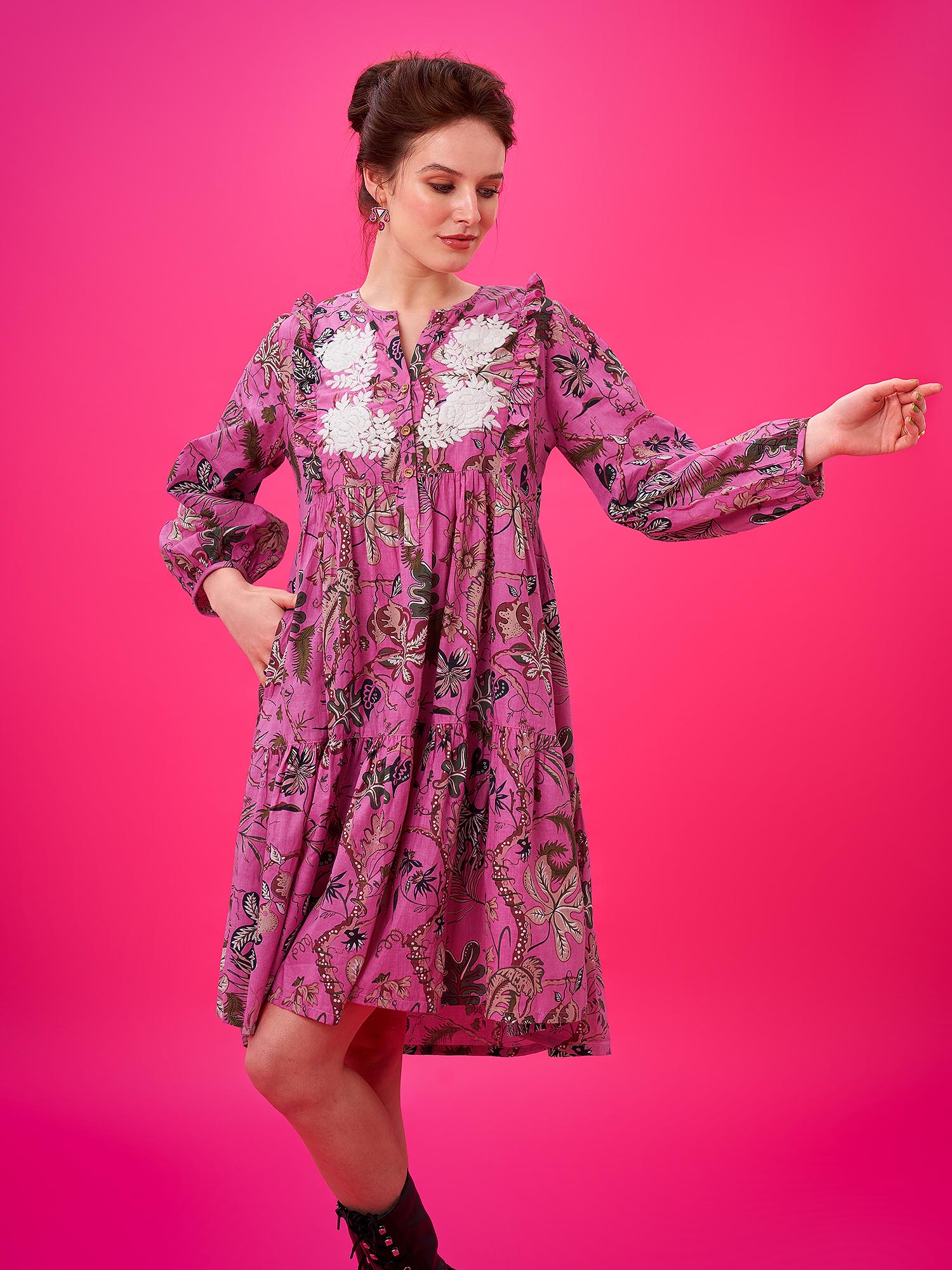 POONA COTTON PRINT DRESS, Cotton Dress, Anemone/Coralscape (Pnk Multi